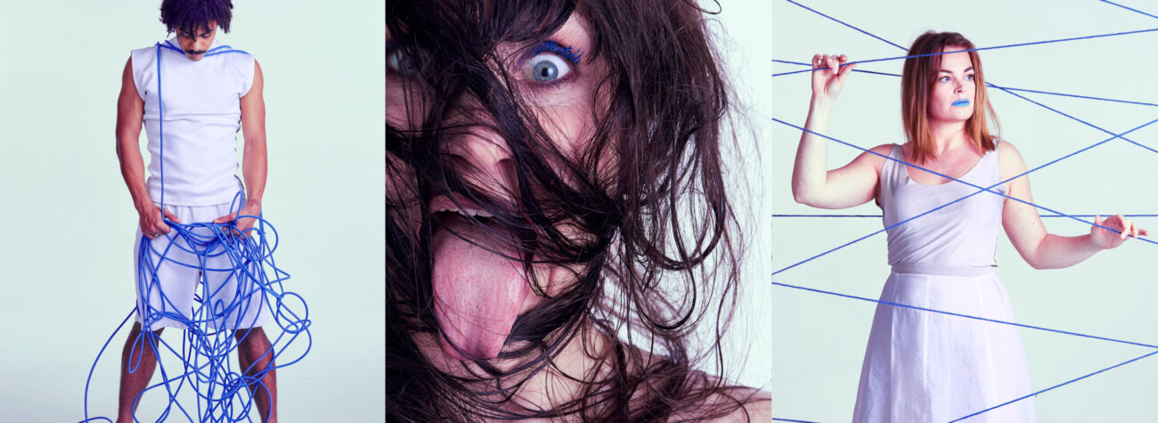 Triptych of three people. From left to right: a full body picture, a close up of a woman sticking her tongue out and a 2/3rd shot of a woman. All pictures have blue details like make-up and ropes.